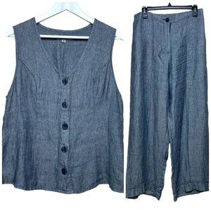 Flax Gray 2 Piece Outfit Fitted Vest Button Up & Wide Leg Pants 100% Linen